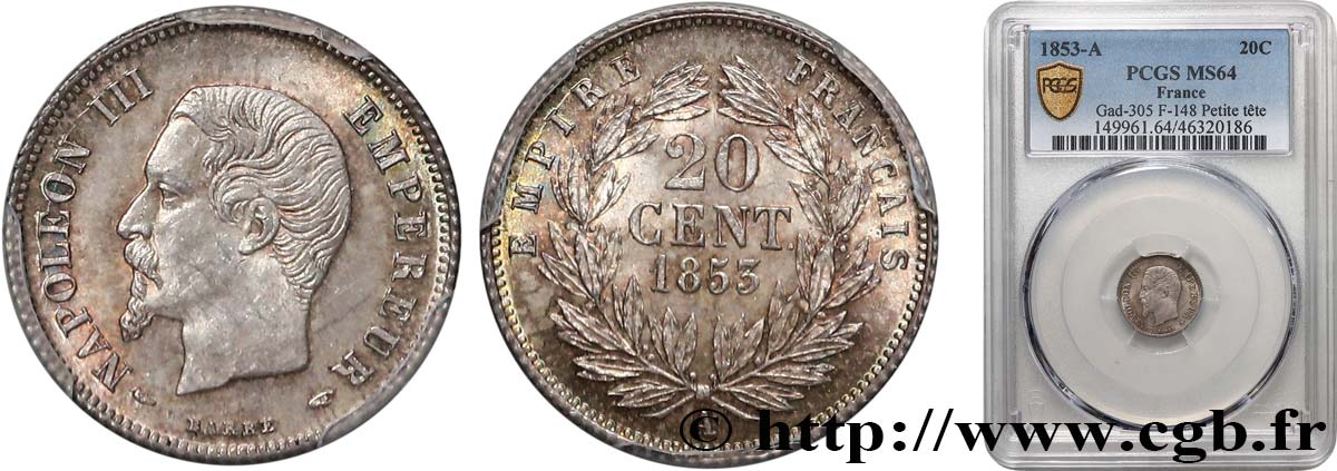 20 centimes Napoléon III, tête nue 1853 Paris F.148/1 SPL64 PCGS