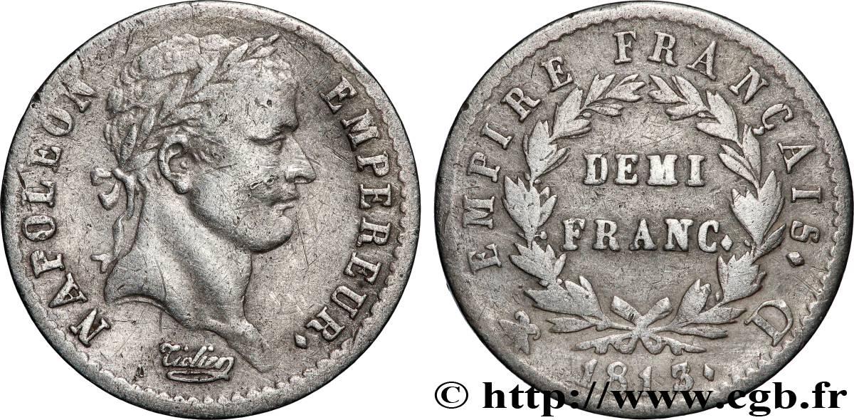 Demi-franc Napoléon Ier tête laurée, Empire français 1813 Lyon F.178/51 TB 