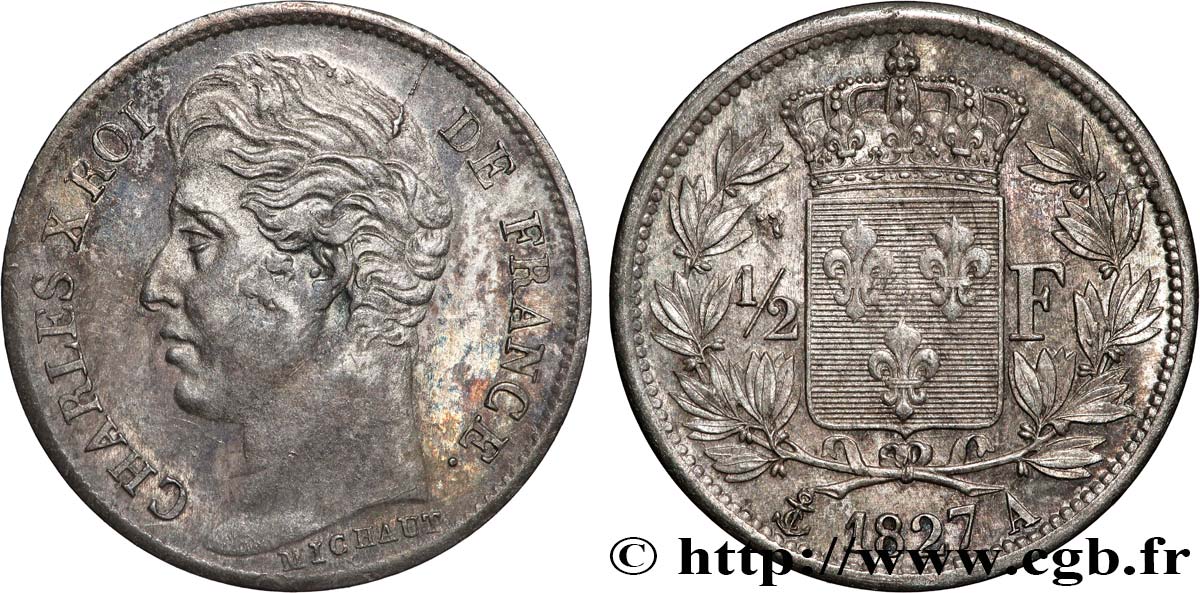 1/2 franc Charles X 1827 Paris F.180/13 AU53 