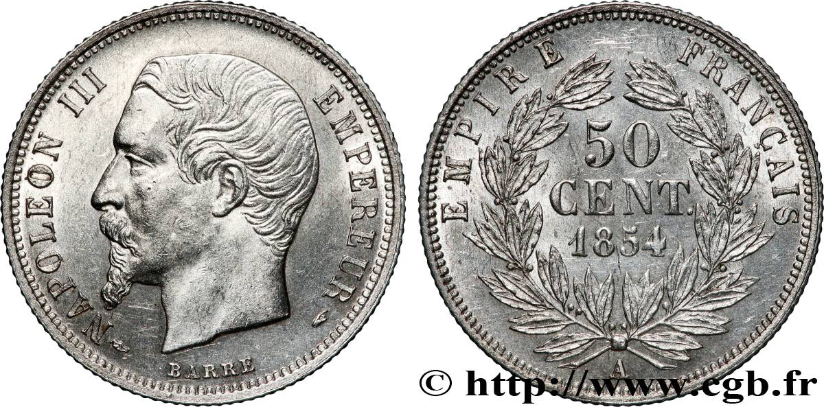 50 centimes Napoléon III, tête nue 1854 Paris F.187/2 TTB+ 