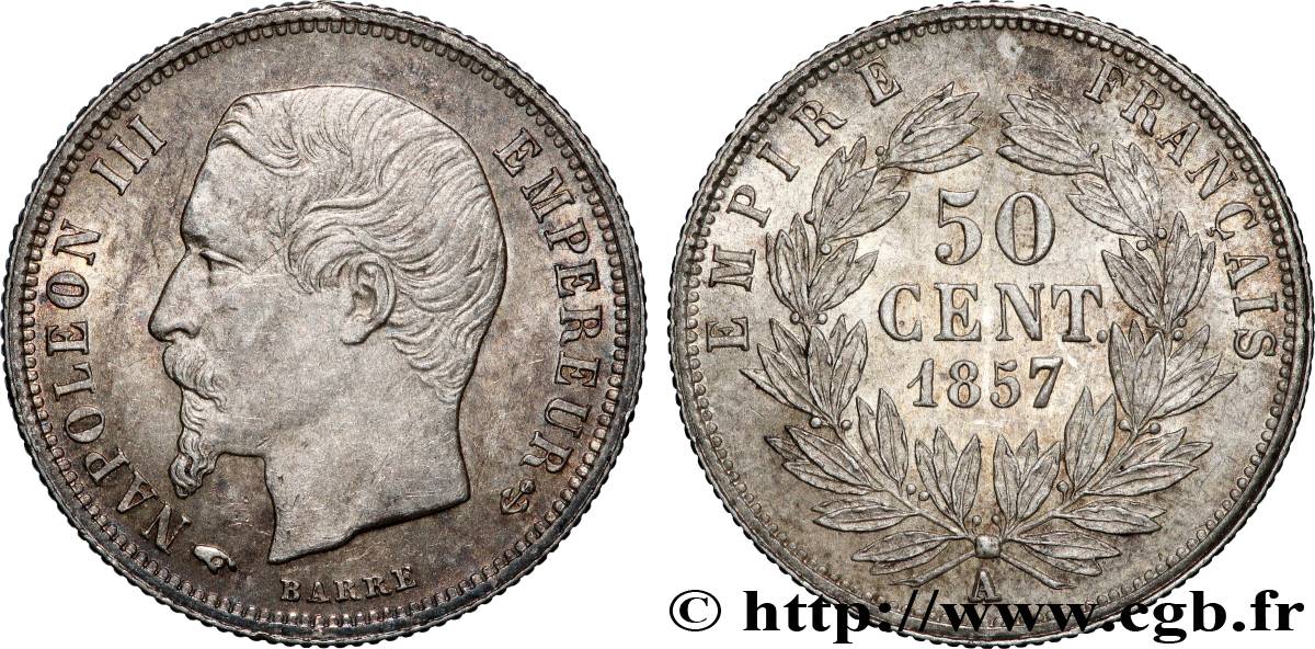 50 centimes Napoléon III, tête nue 1857 Paris F.187/8 EBC 