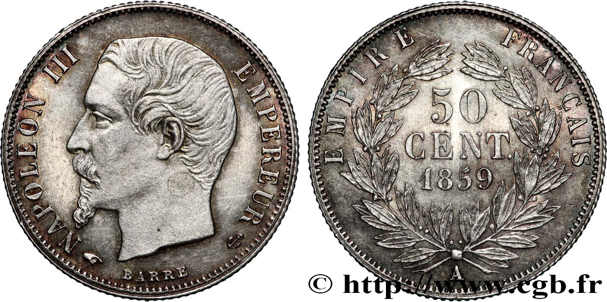 50 centimes Napoléon III, tête nue 1859 Paris F.187/10 TTB+ 