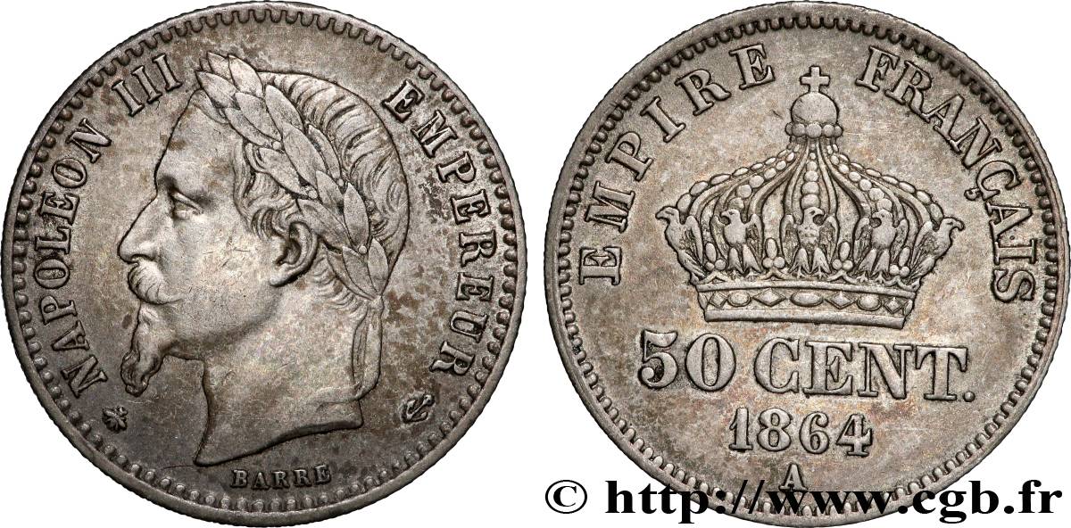 50 centimes Napoléon III, tête laurée 1864 Paris F.188/2 TTB 