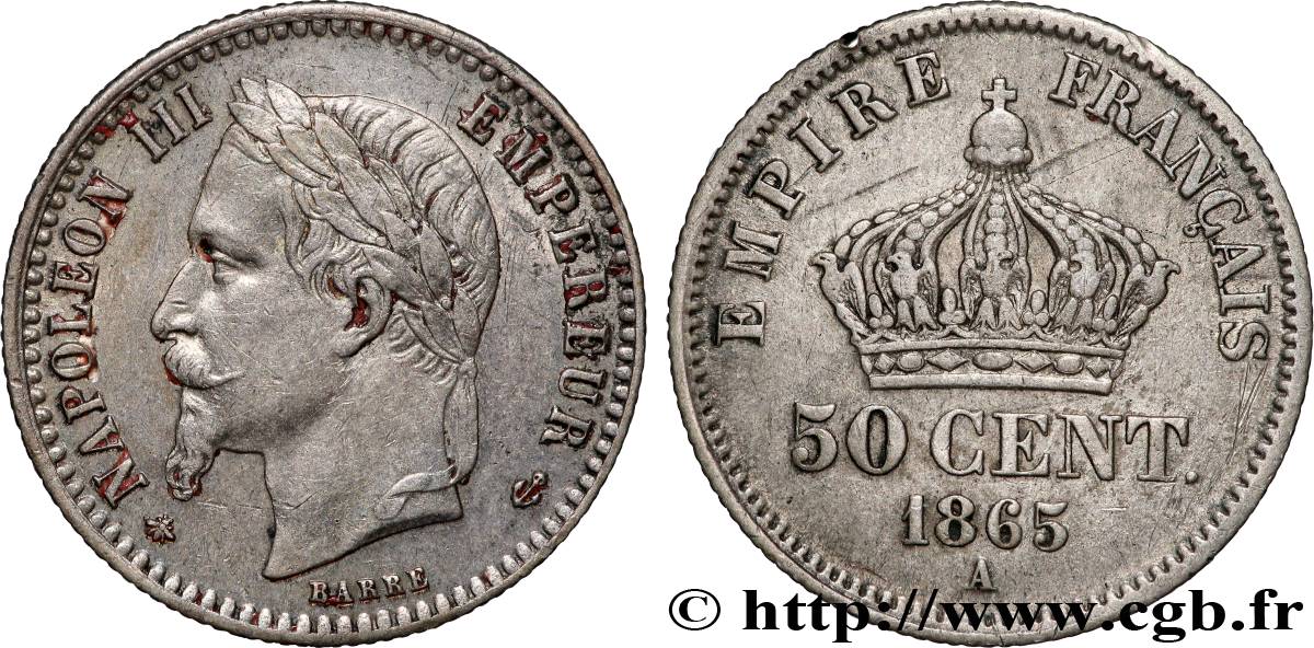 50 centimes Napoléon III, tête laurée 1865 Paris F.188/5 XF 