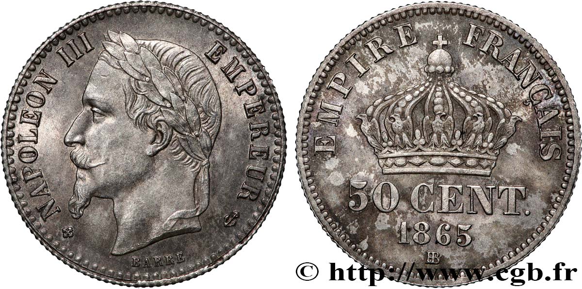 50 centimes Napoléon III, tête laurée 1865 Strasbourg F.188/7 SUP+ 