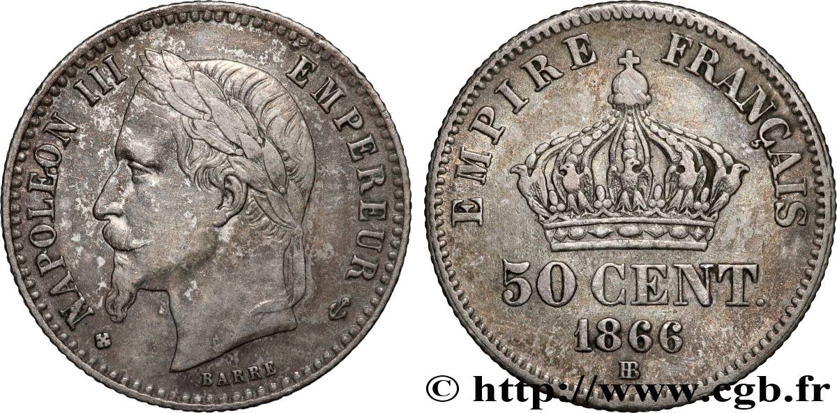 50 centimes Napoléon III, tête laurée 1866 Strasbourg F.188/10 TTB 