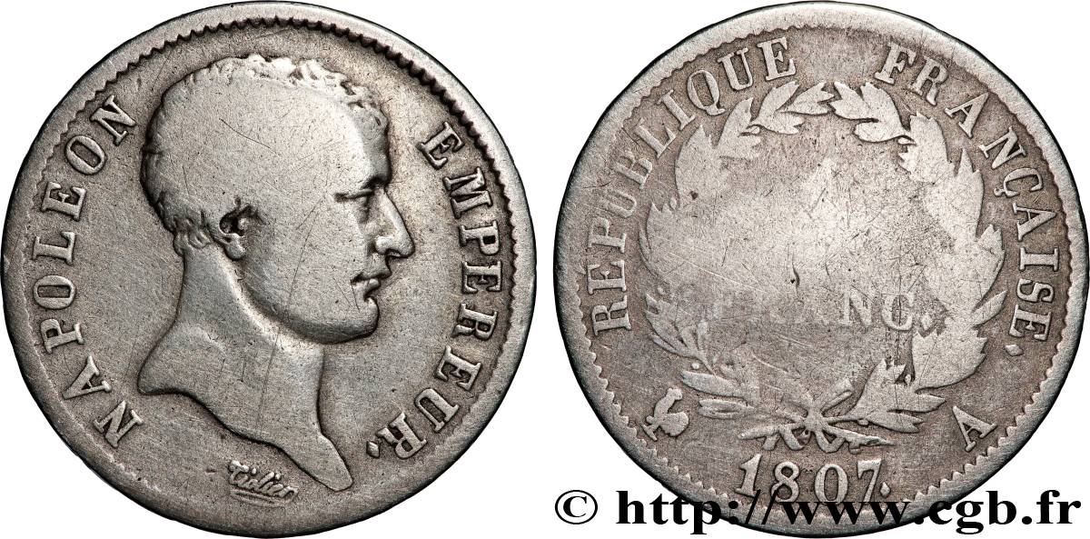 1 franc Napoléon Empereur, tête de nègre 1807 Paris F.203/1 SGE 