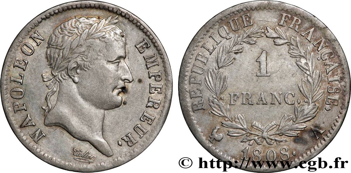 1 franc Napoléon Ier tête laurée, République française 1808 Paris F.204/2 TTB 