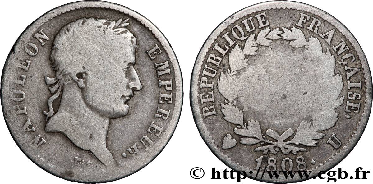 1 franc Napoléon Ier tête laurée, République française 1808 Turin F.204/14 VG 