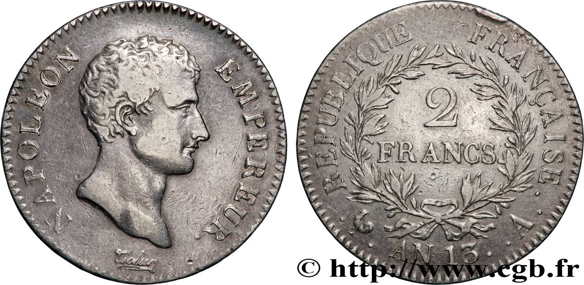 2 francs Napoléon Empereur, Calendrier révolutionnaire 1805 Paris F.251/12 TB+ 