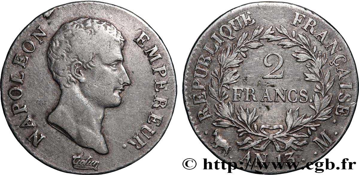 2 francs Napoléon Empereur, Calendrier révolutionnaire 1805 Toulouse F.251/21 TB 