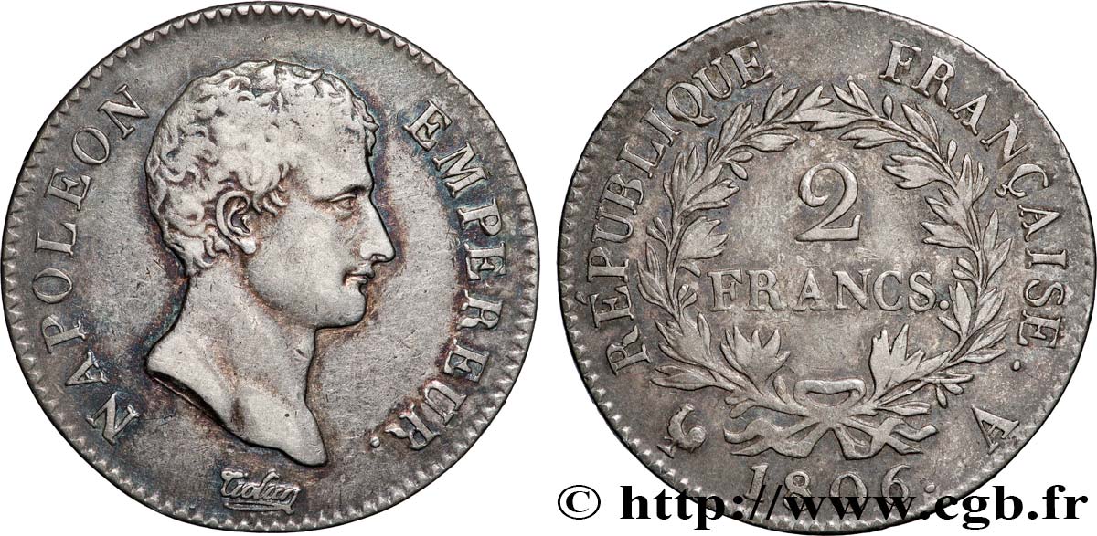 2 francs Napoléon Empereur, Calendrier grégorien 1806 Paris F.252/1 VF 