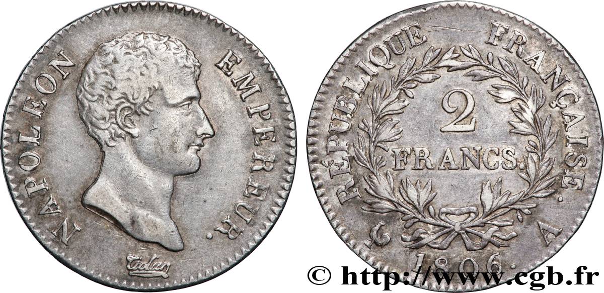 2 francs Napoléon Empereur, Calendrier grégorien 1806 Paris F.252/1 XF40 