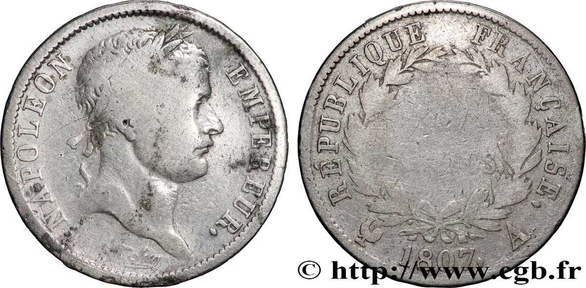 2 francs Napoléon Ier tête laurée, République française 1807 Paris F.254/2 AB 