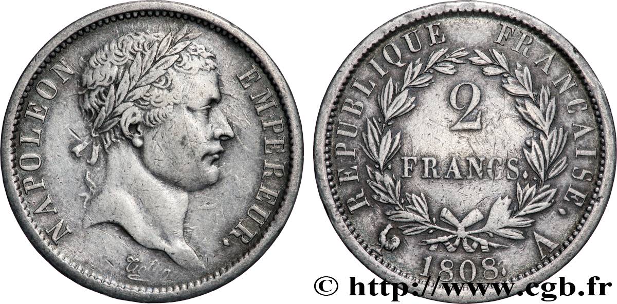 2 francs Napoléon Ier tête laurée, République française 1808 Paris F.254/4 TTB 