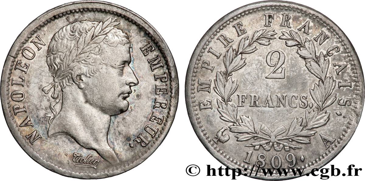 2 francs Napoléon Ier tête laurée, Empire français 1809 Paris F.255/1 SS 