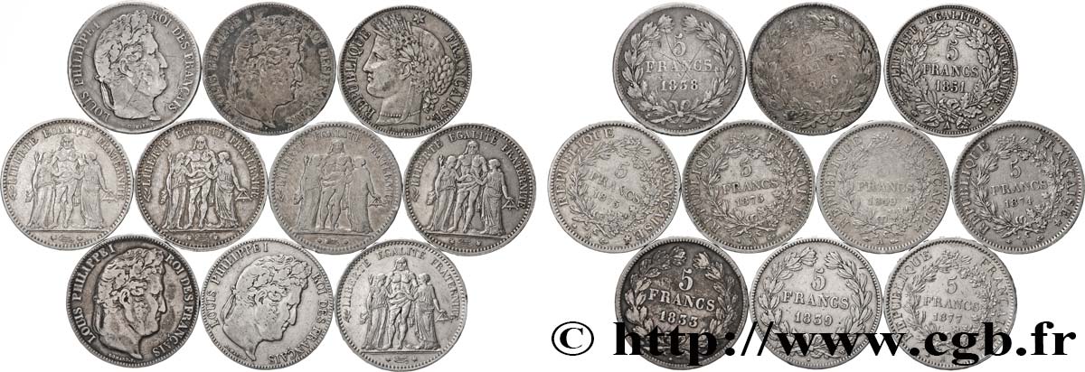 Lot de dix écus de 5 francs n.d.  F.-/ TB 