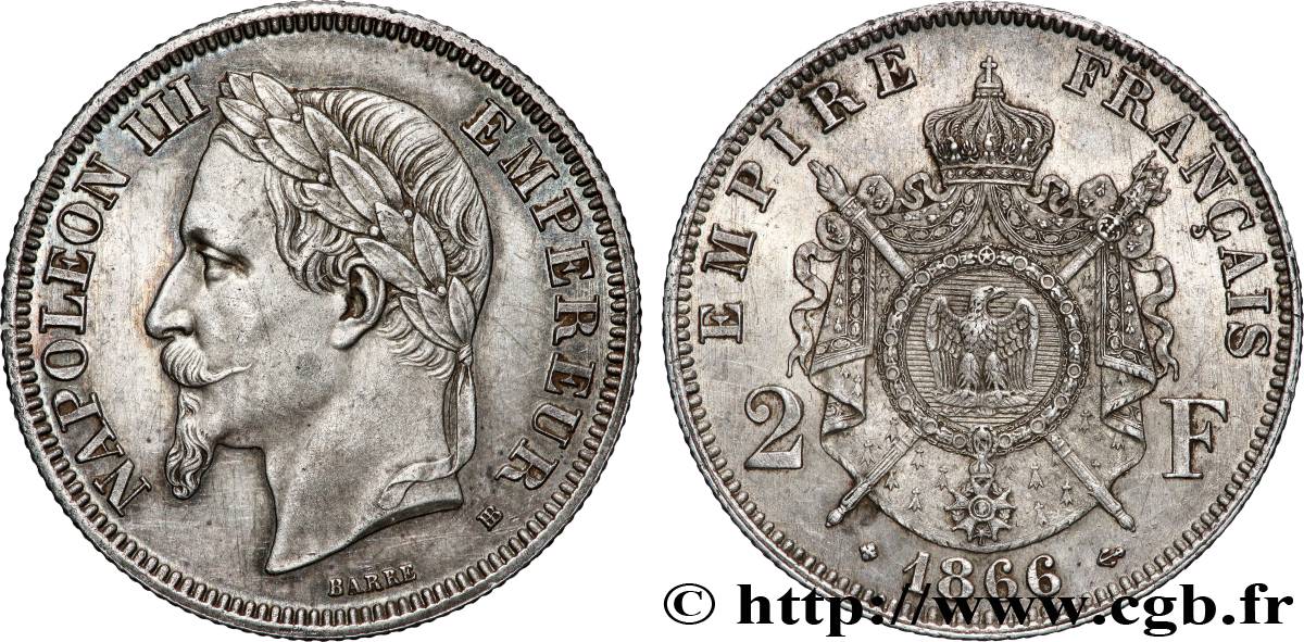 2 francs Napoléon III, tête laurée  1866 Strasbourg F.263/3 AU 