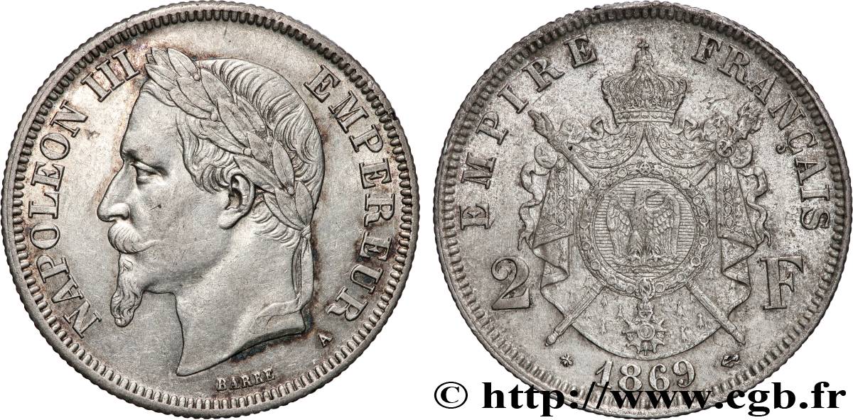 2 francs Napoléon III, tête laurée 1869 Strasbourg F.263/11 AU 