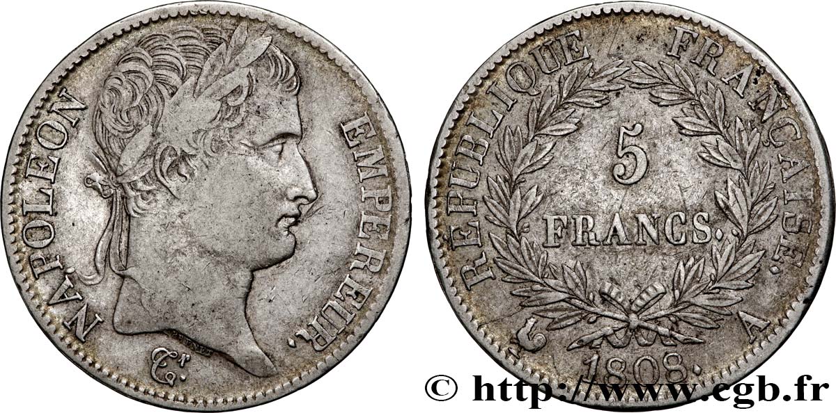 5 francs Napoléon Empereur, République française 1808 Paris F.306/2 VF 