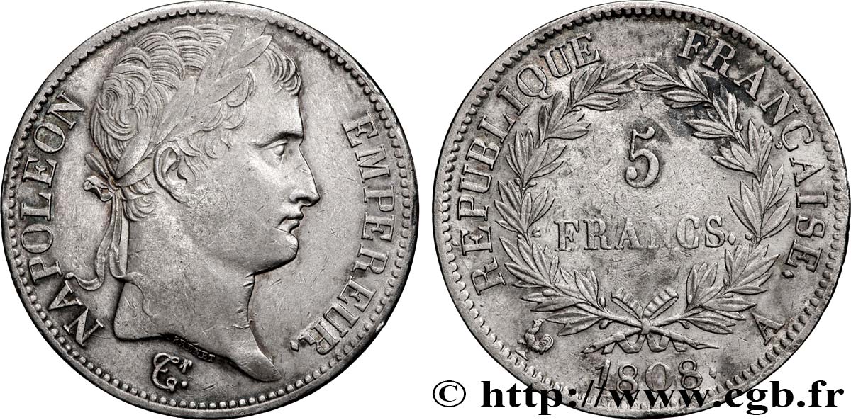 5 francs Napoléon Empereur, République française 1808 Paris F.306/2 TTB+ 