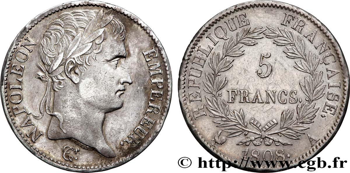 5 francs Napoléon Empereur, République française 1808 Paris F.306/2 TTB+ 