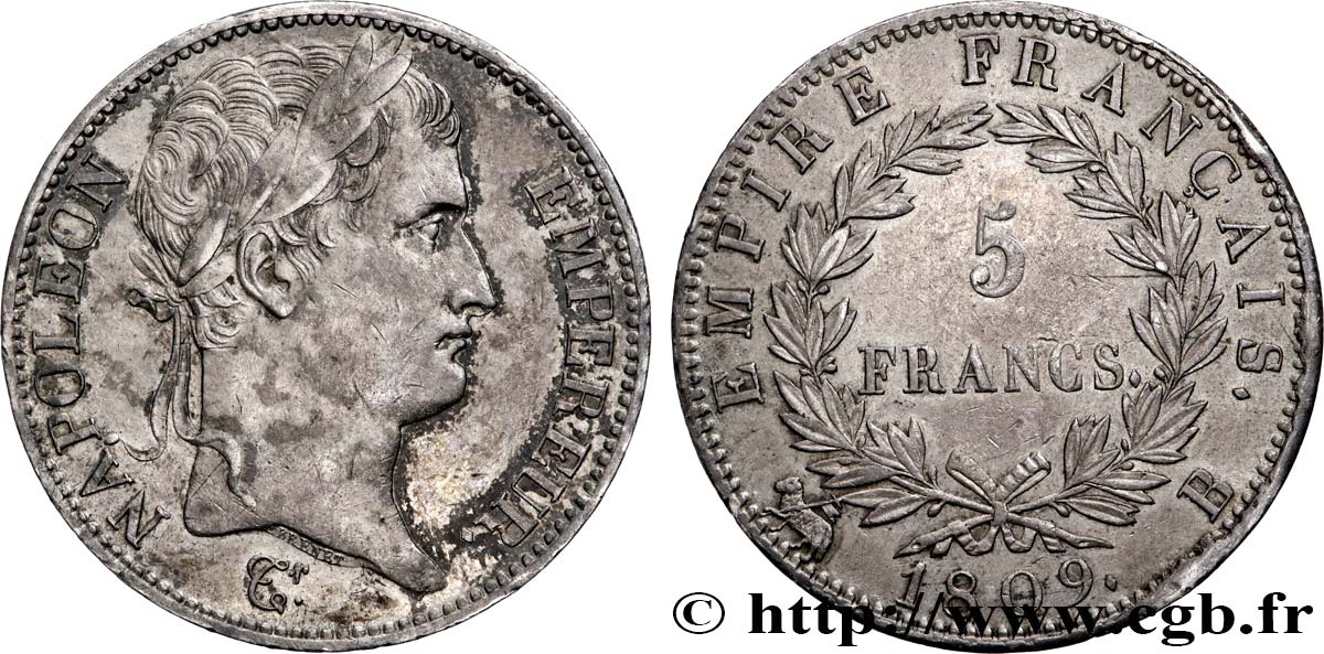 5 francs Napoléon Empereur, Empire français 1809 Rouen F.307/2 TTB+ 