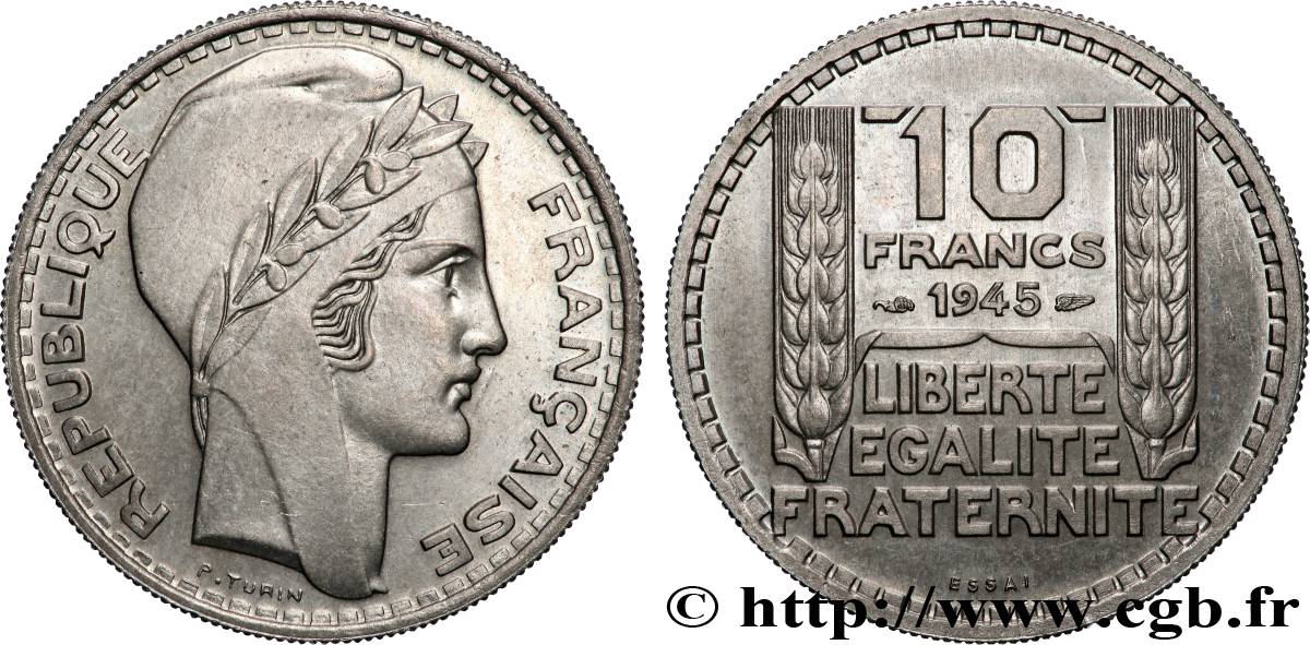 Essai de 10 francs Turin, grosse tête, rameaux longs 1945 Paris F.361/1 SUP62 