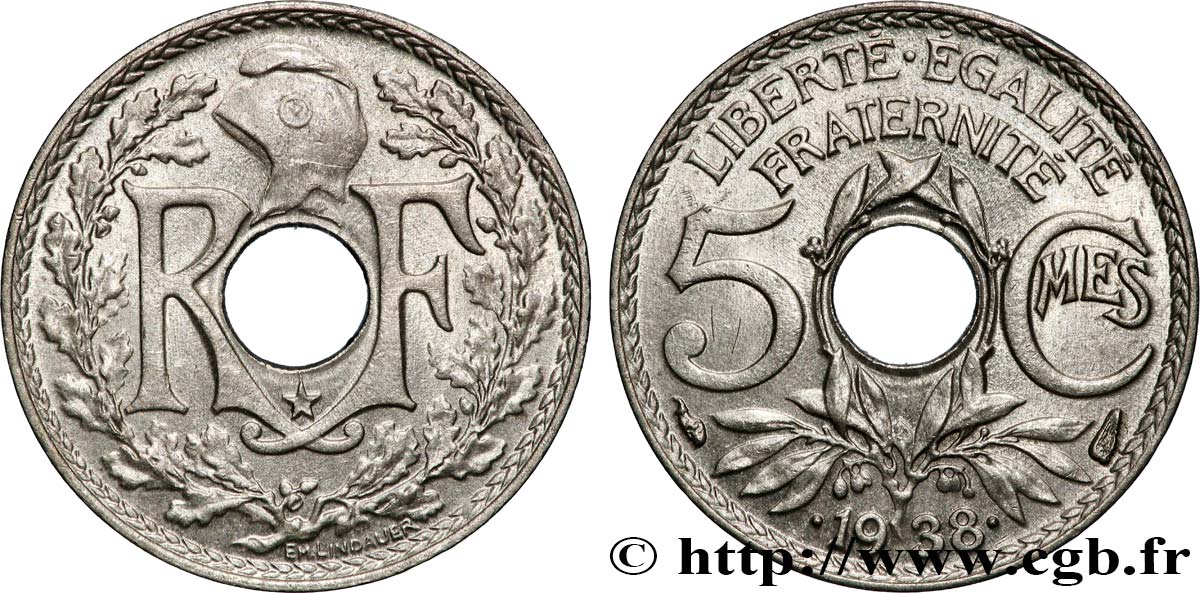 5 centimes Lindauer, maillechort, avec étoile 1938  F.123/1 AU 