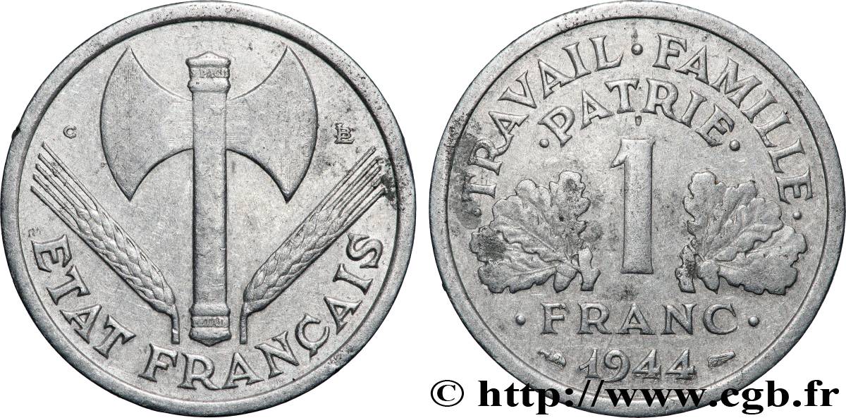 1 franc Francisque, légère, petit c 1944 Castelsarrasin F.223/8 TB+ 