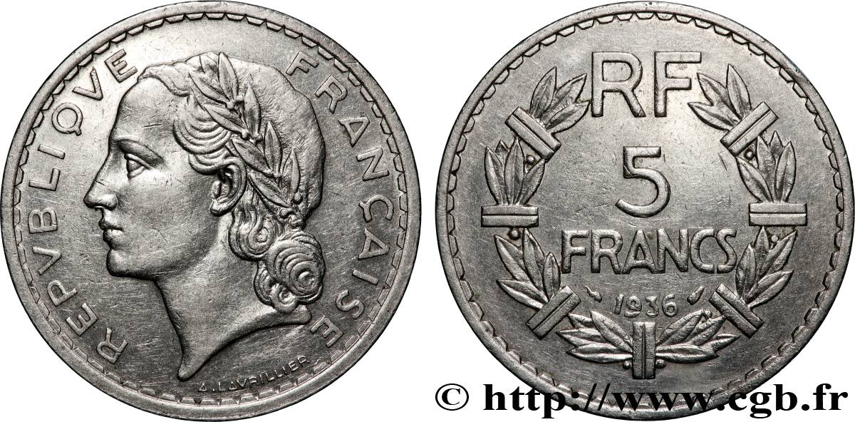 5 francs Lavrillier, nickel 1936  F.336/5 TTB 