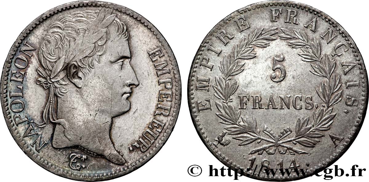 5 francs Napoléon Empereur, Empire français 1814 Paris F.307/76 AU 