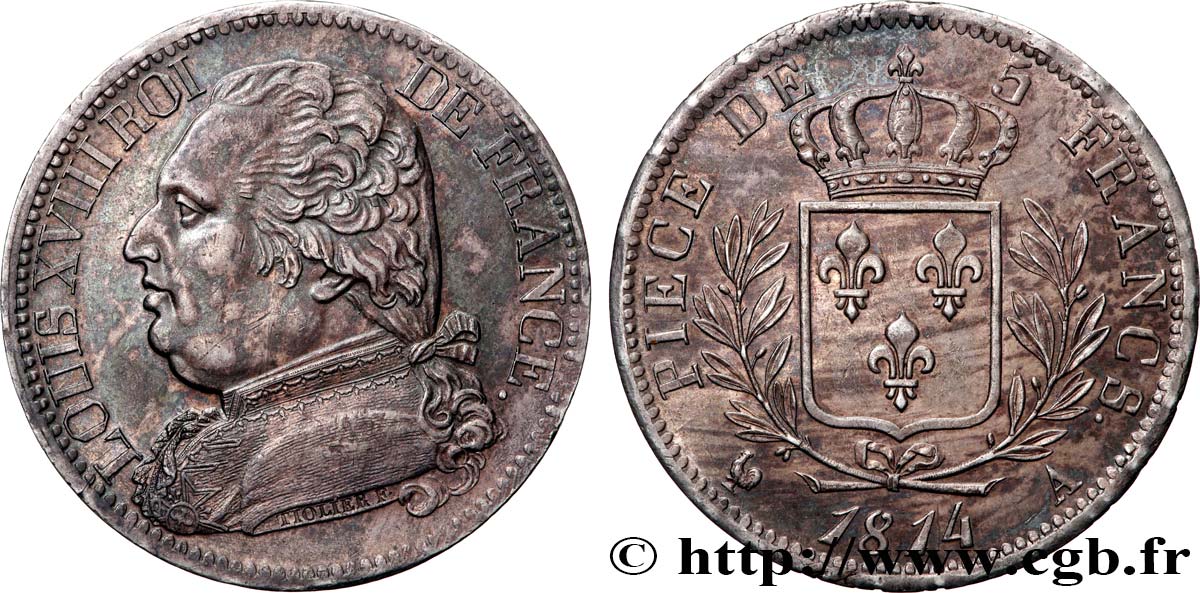 5 francs Louis XVIII, buste habillé 1814 Paris F.308/1 SUP 
