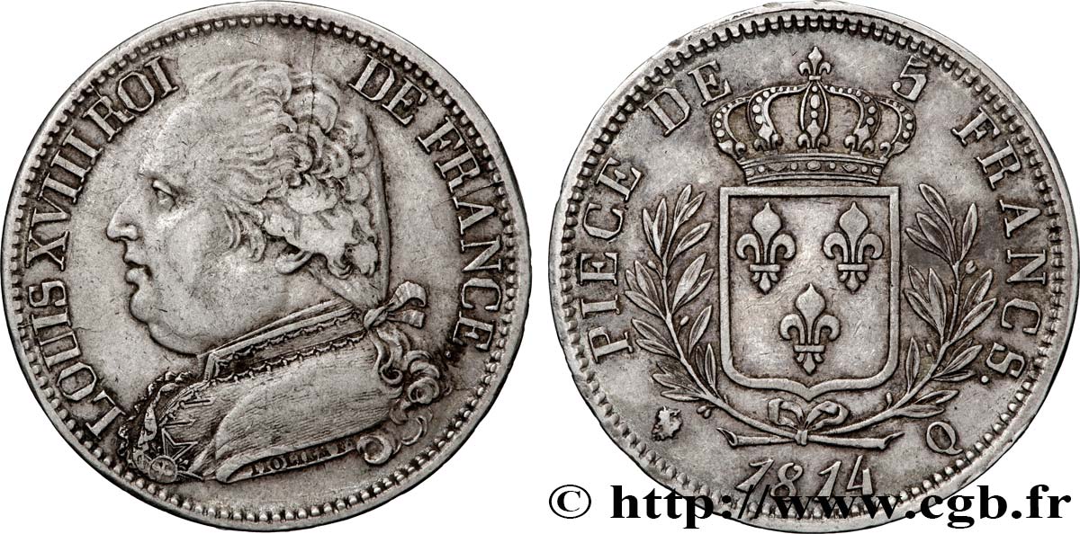 5 francs Louis XVIII, buste habillé 1814 Perpignan F.308/11 VF 