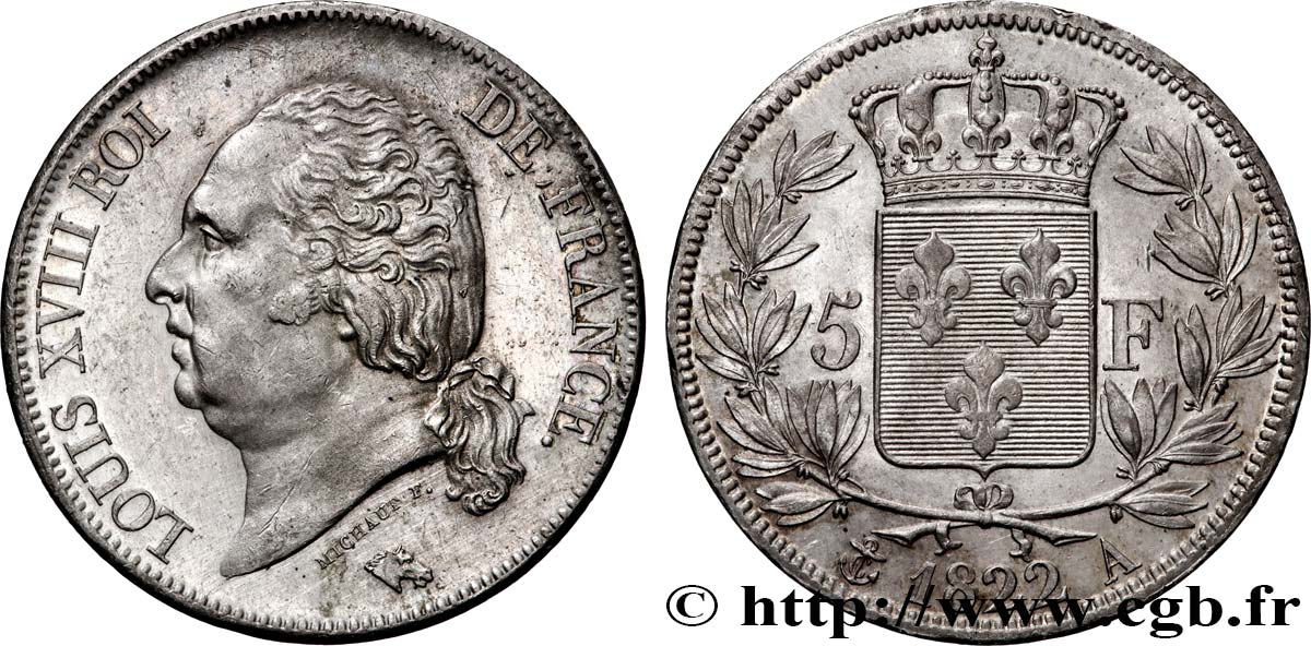 5 francs Louis XVIII, tête nue 1822 Paris F.309/68 fVZ 