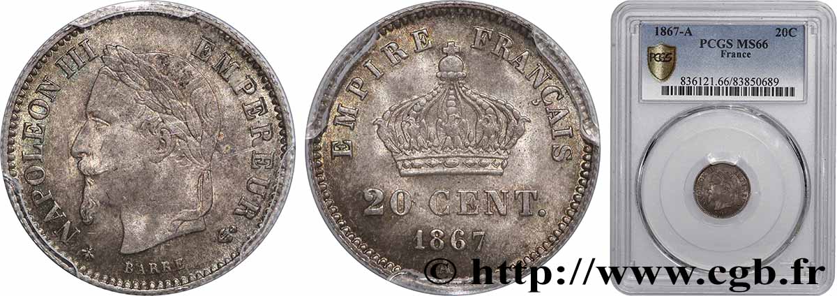 20 centimes Napoléon III, tête laurée, grand module 1867 Paris F.150/1 MS66 PCGS