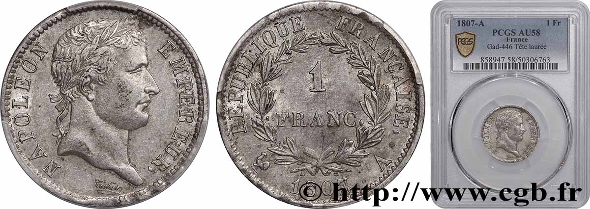 1 franc Napoléon Ier tête laurée, République française 1807 Paris F.204/1 AU58 PCGS