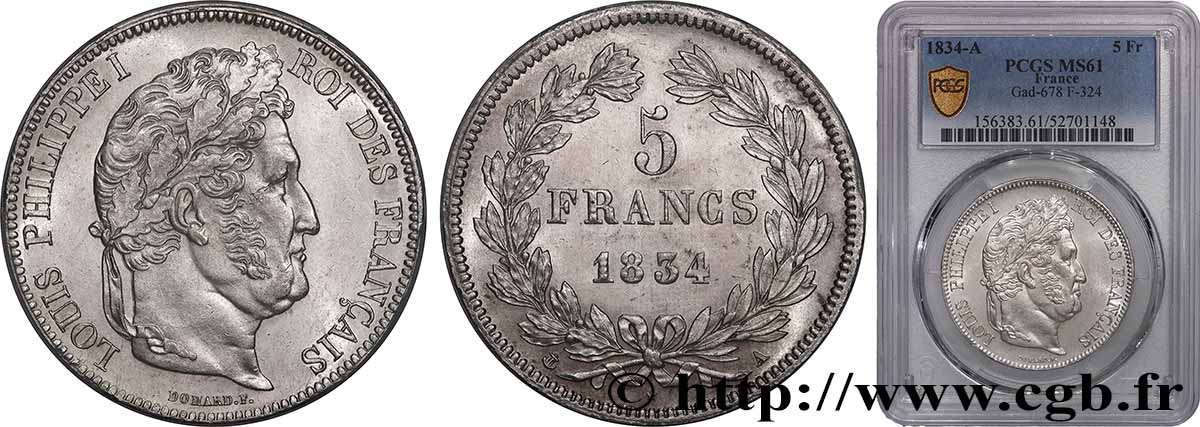 5 francs IIe type Domard 1834 Paris F.324/29 SUP61 PCGS