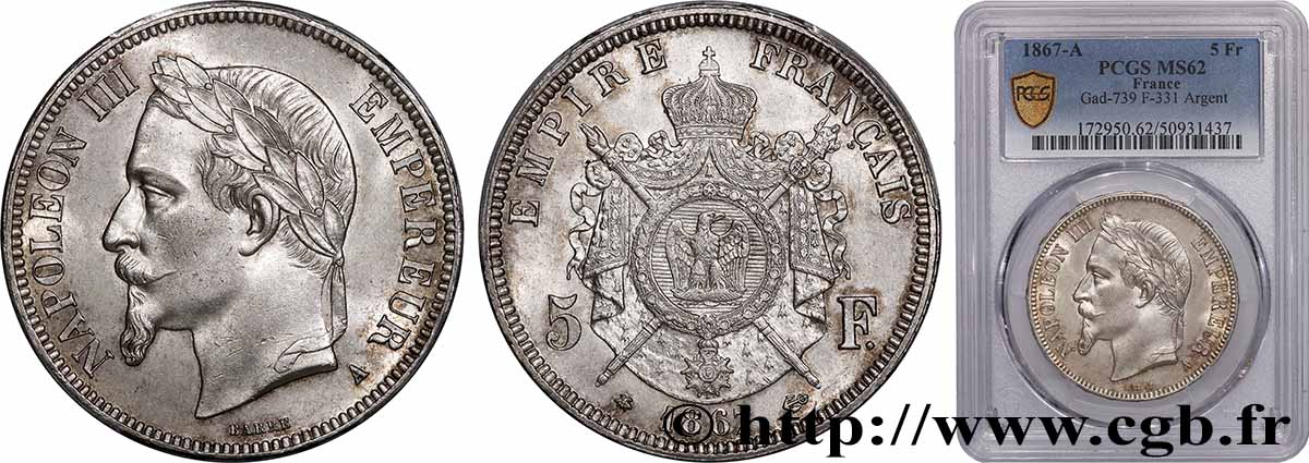 5 francs Napoléon III, tête laurée 1867 Paris F.331/10 SUP62 PCGS