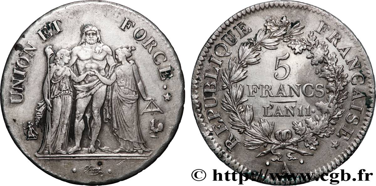 5 francs Union et Force, Union serré, seulement glands intérieurs 1803 Paris F.288/187 TTB 
