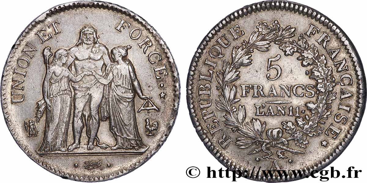 5 francs Union et Force, Union serré, seulement glands intérieurs 1803 Paris F.288/187 TTB 