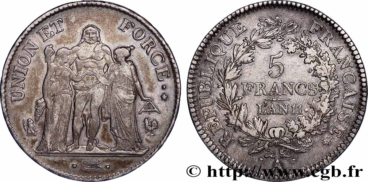 5 francs Union et Force, Union serré, seulement glands intérieurs 1803 Paris F.288/187 XF 