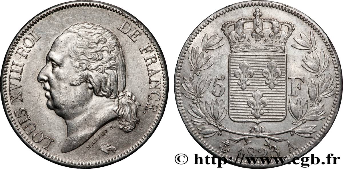 5 francs Louis XVIII, tête nue 1823 Paris F.309/76 TTB+ 