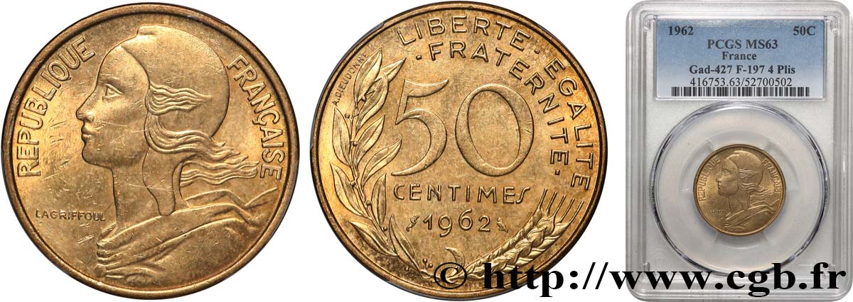 50 centimes Marianne, col à 4 plis 1962 Paris F.197/3 SPL63 PCGS