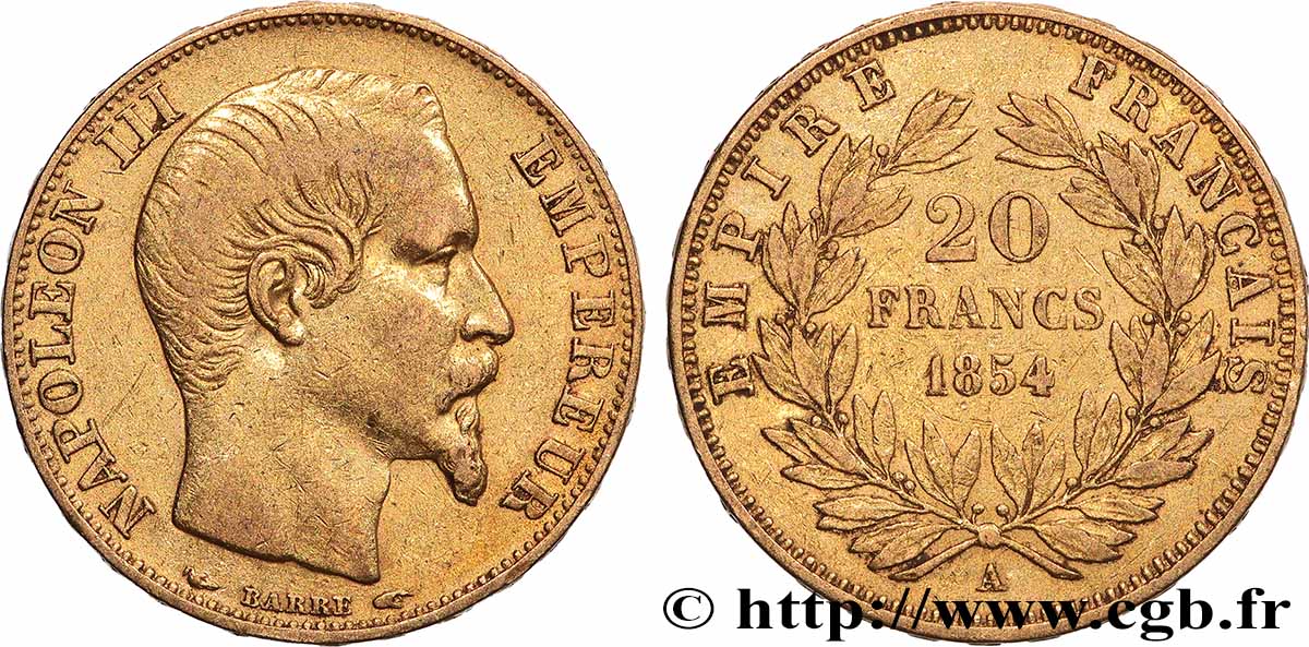 20 francs or Napoléon III, tête nue 1854 Paris F.531/2 TTB 