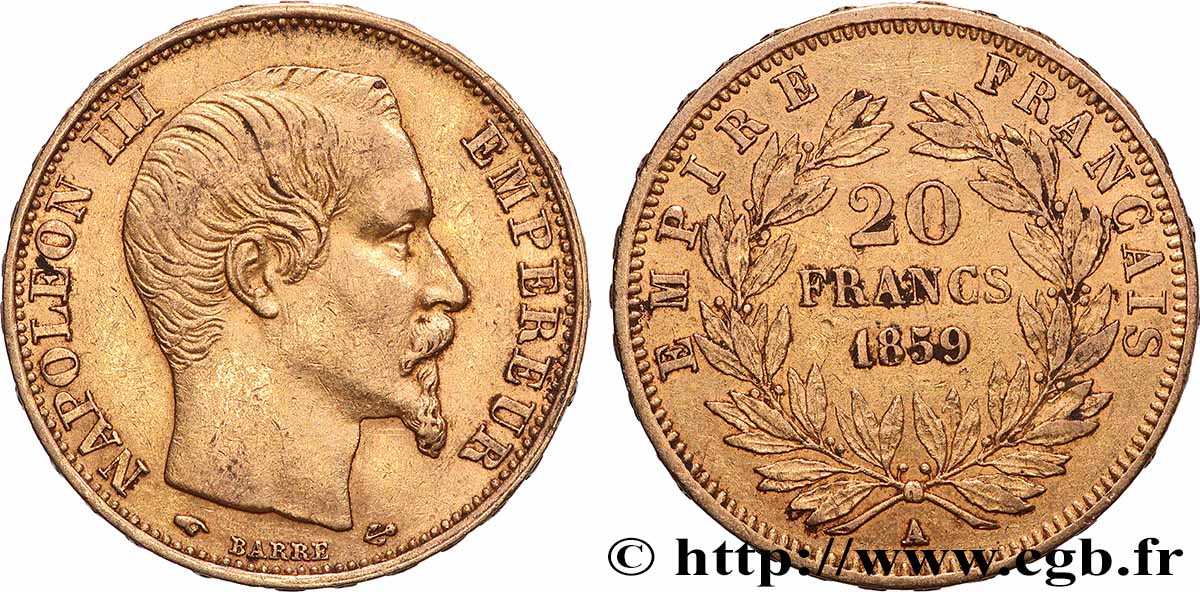 20 francs or Napoléon III, tête nue 1859 Paris F.531/15 SS 