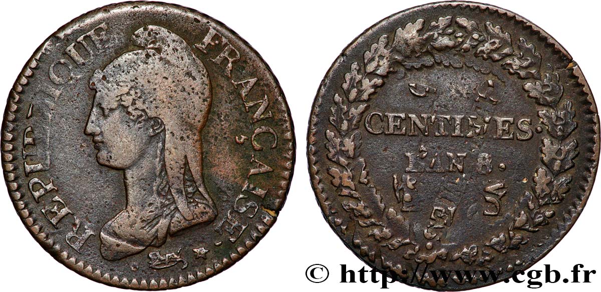 Cinq centimes Dupré, grand module, Fautée Double frappe 1800 Strasbourg F.115/117 var. TB+ 