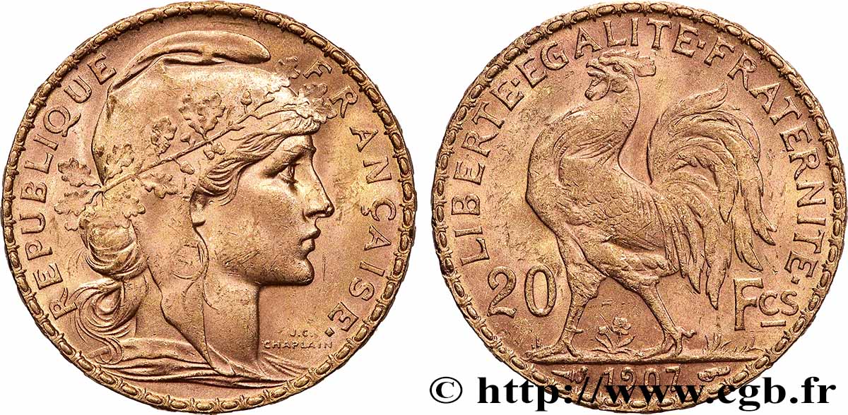 20 francs or Coq, Liberté Égalité Fraternité 1907 Paris F.535/1 fVZ 