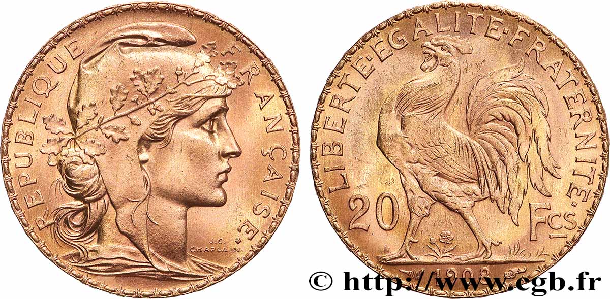 20 francs or Coq, Liberté Égalité Fraternité 1908 Paris F.535/2 SUP+ 