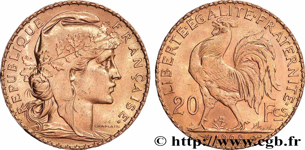 20 francs or Coq, Liberté Égalité Fraternité 1908 Paris F.535/2 VZ+ 